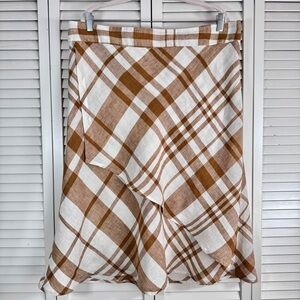 FLAX Linen Plaid Faux Wrap Midi Skirt White Brown Size Large